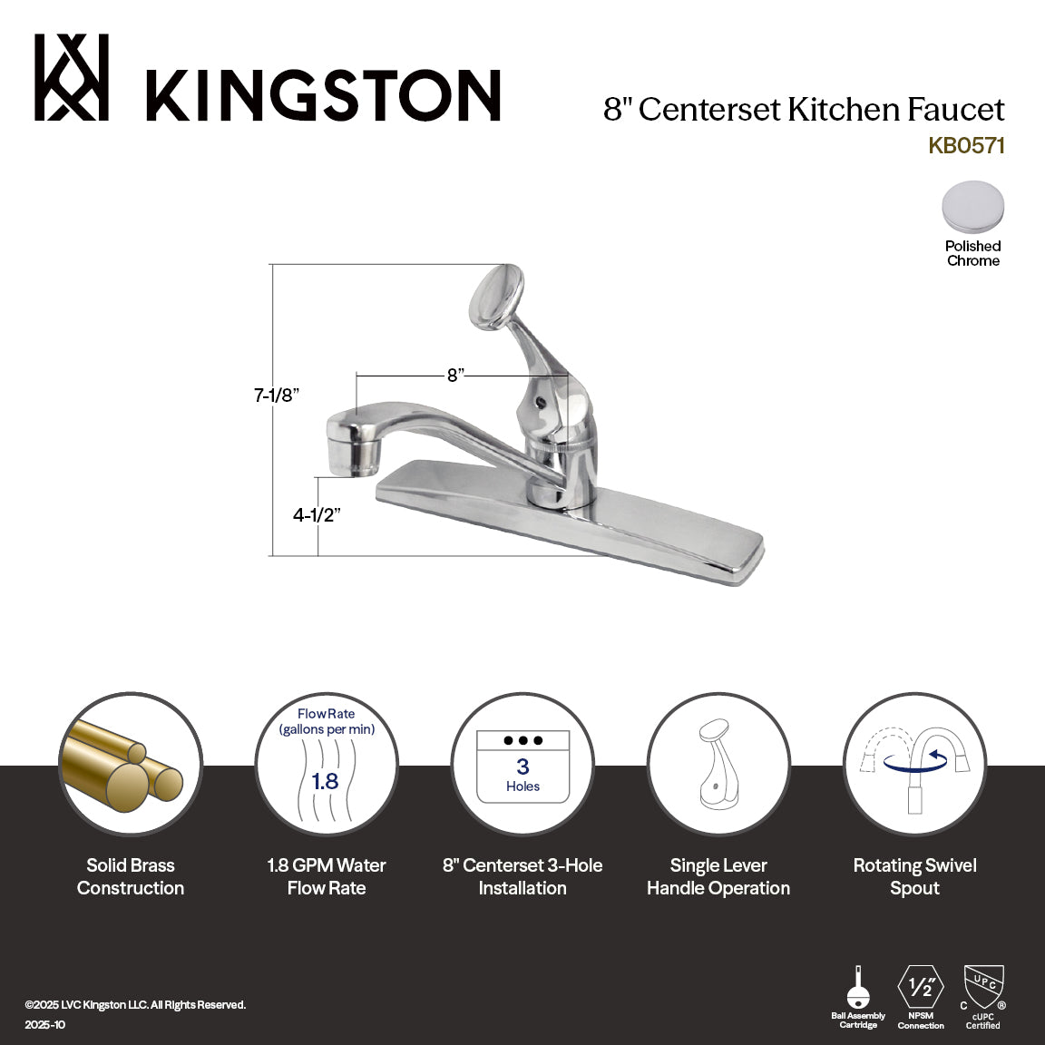 Kingston Columbia KB0571 One-Handle 3-Hole 8" Centerset Kitchen Faucet, Polished Chrome — thumbnail 2